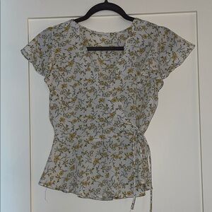 Mine White and Yellow Wrap Tie Front Cap Sleeve Blouse​